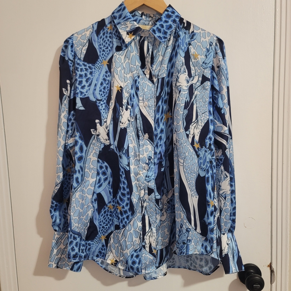 Bululu Resort Wear Blue Giraffe Dull Satin Blouse